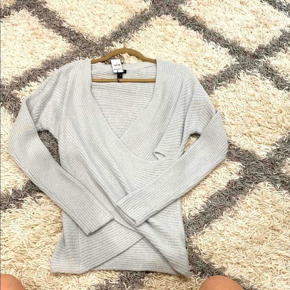 Express Gray V-Neck Sweater Lightweight Knit